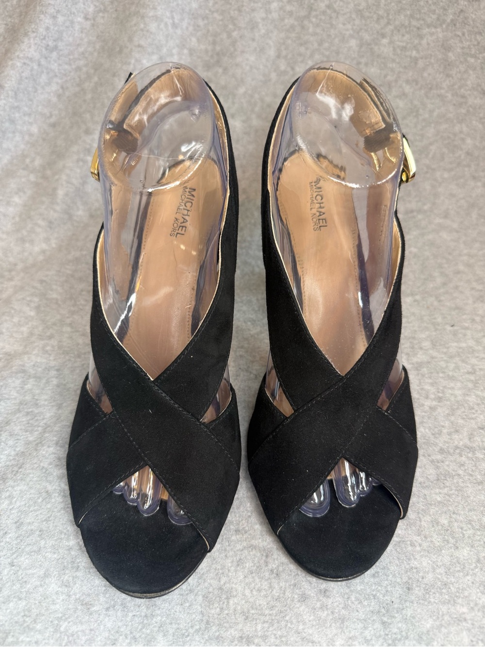 MICHAEL Michael Kors Black Suede Crisscross Peep Toe Slingback Heels